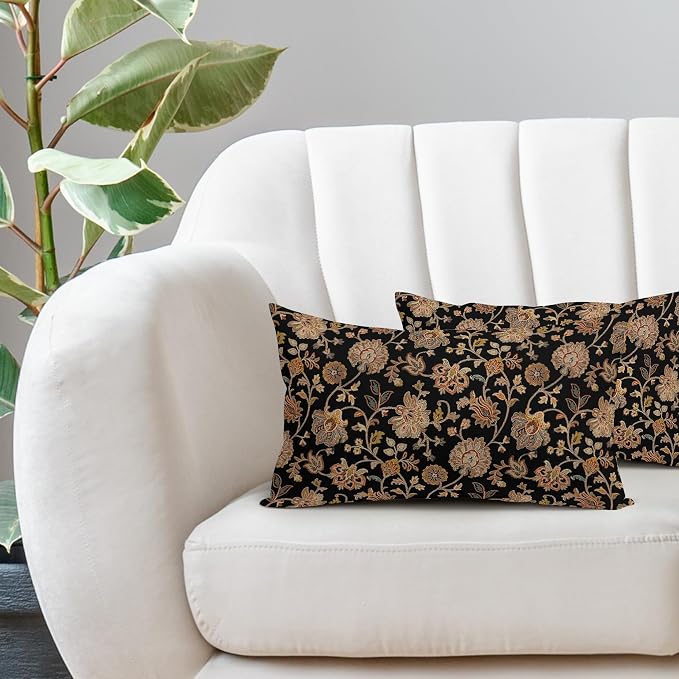 Black Brown Floral Lumbar Pillow Covers 12X20 Inch Set of 2 Vintage Boho Carpet Flowers Decorative Pillow Cases Leaves Plant Cotton Linen Cushion Case Farmhouse Home Decor For Sofa Couch Living Room