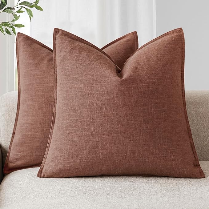 Foindtower Pack of 2, Decorative Linen Solid Throw Pillow Covers Soft Accent Euro Cushion Case Boho Farmhouse Pillowcase for Chair Couch Sofa Bedroom Living Room Home Decor 18 x 18 Inch Rust Red