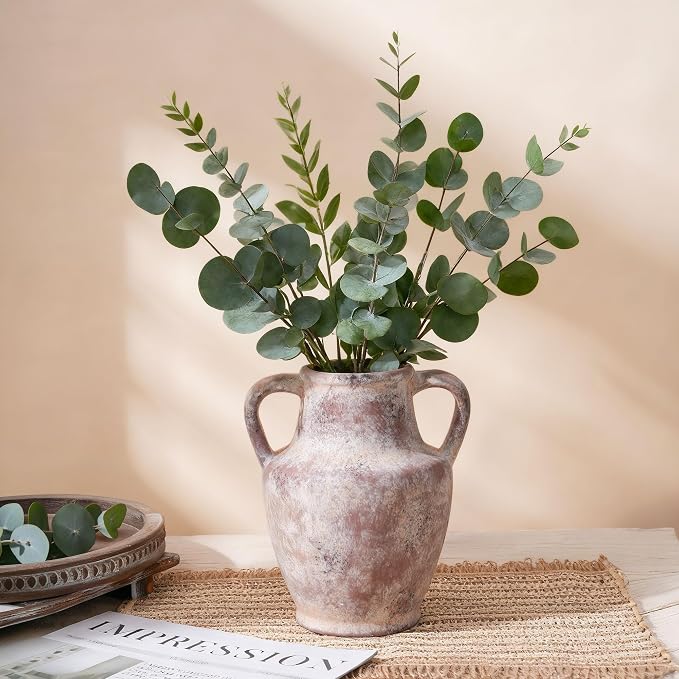 Ceramic Flower Vase with Handles, 8.66 inch Tall Clay Decorative Vases Farmhouse Rustic Vases Pottery Vases for Home Decor Living Room Table Centerpiece Bookshelf Coffee Desk Fireplace, Terracotta