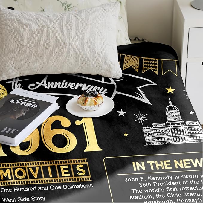 65th Anniversary Blanket Gifts Gift for 65th Blue Sapphire Wedding Anniversary 65 Years of Marriage Gifts for Wife Husband Dad Mom Parents Grandpa Grandma Grandparents Back in 1961 Blanket 60x50