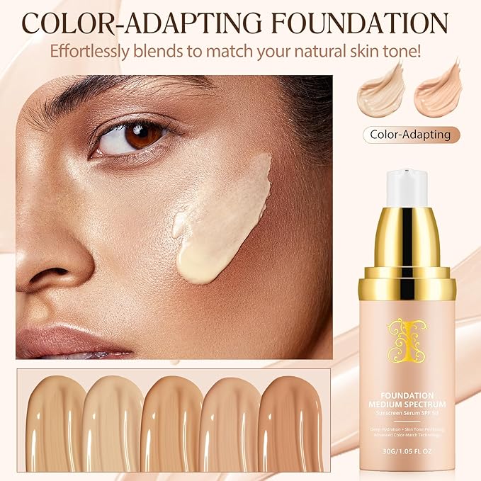 Foundation 4 in 1 - Medium Spectrum with SPF 50+, Anti-Aging, Concealer, Sun Protection, Hydrating Color Changing Foundation Makeup Liquid - Longwearing & Waterproof for Sport, Dancing (2PC, SPF50)