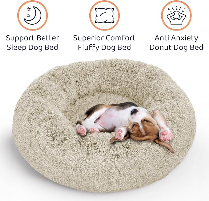 Donut Dog Bed - Premium Comfort for Anxiety Relief - Fluffy & Calming Design with Ultra-Plush Support | Cozy Round Dog Bed with Super Soft Circle Style (Cream, Small)