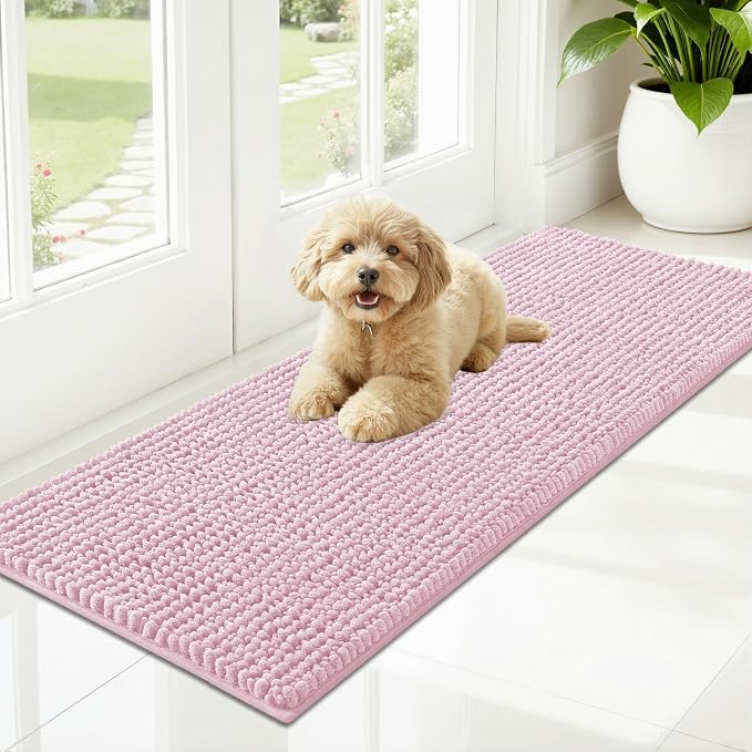 OLANLY Dog Door Mat for Muddy Paws 47x17, Extra Absorbent Chenille Mud Mat | Dusty Rose, Absorbs Moisture and Dirt, Non-Slip Machine Washable Doormat, Quick-Drying Indoor Entryway Floor Mat for Dogs
