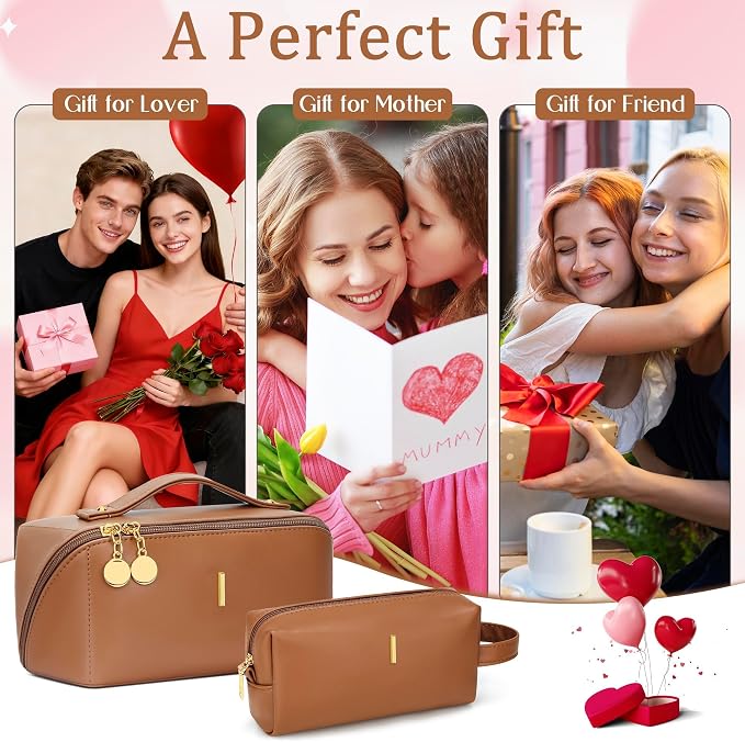 KKXIU Initial Makeup Bag for Women - Personalized Makeup Bag Gifts for Women, Travel Toiletry Bag with PU Leather, Open Flat Design with Top Handle, Cosmetic Bag Set with Multi-Pocket (Brown,I)