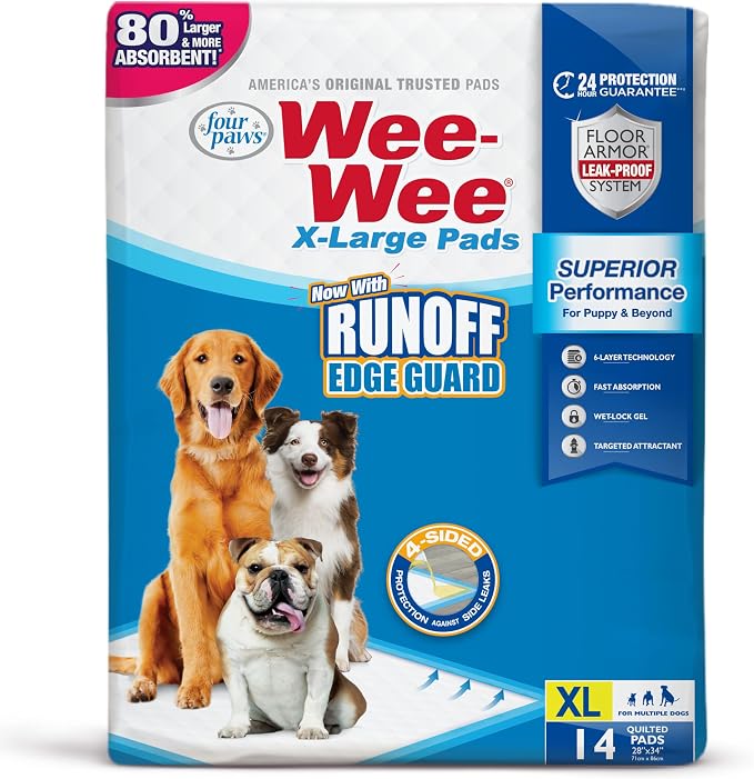 Four Paws Wee-Wee Superior Performance X-Large Dog Pee Pads, 14 Count | Puppy & dog potty training pads, housebreaking supplies, xl puppy pads, pet supplies, 24-hour floor protection, 28" x 34"