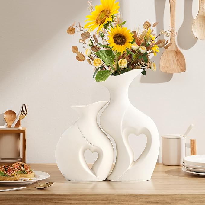 XL White Flower Vases, Nordic Heart Shaped Ceramic Vase Set of 2 | Modern Home Decor, Table Centerpiece, Dining Living Room Office Coffee Table, Wedding House Decoration,H 10.1 inches