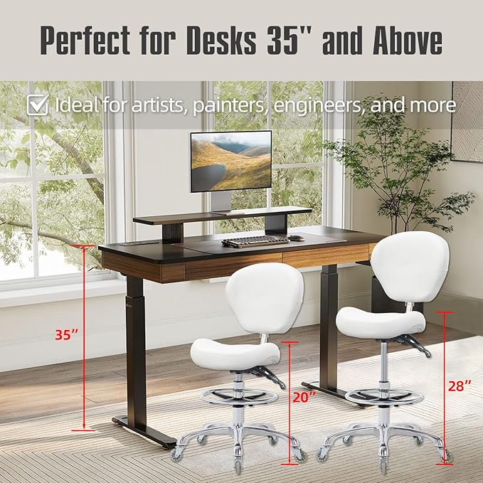 Grace&Grace Drafting Chair Adjustable Tall Shop Stool, Rolling Stool with Back Support for Studio, Classroom, Lab, Counter, Medical (White)