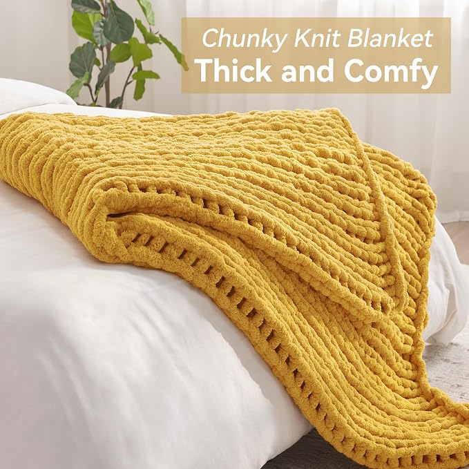 Negwoo Chunky Knit Throw Blanket, Knitted Throw Chenille Yarn, 40"*50" | Soft Thick Cable Knitted Blankets, Handmade Big Thick Blanket, Machine Washable Cute Comfy Blanket for Home Decor, Yellow