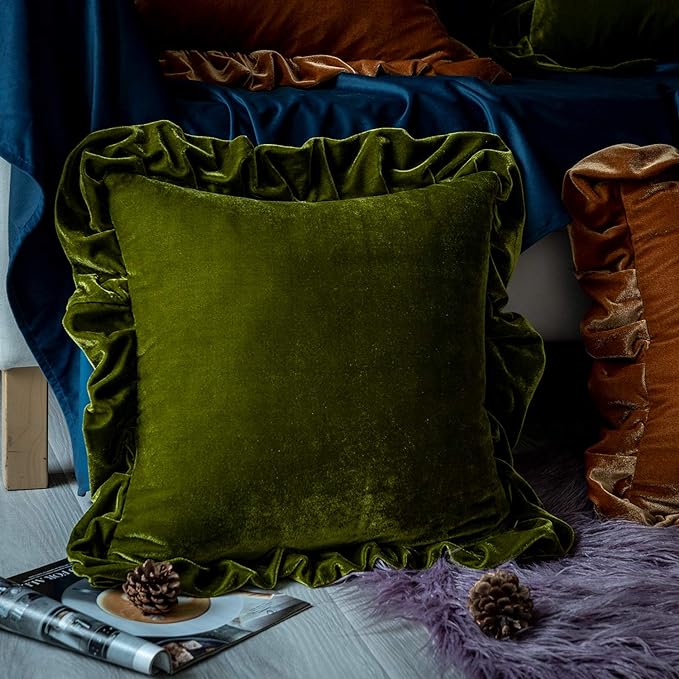 Glory Season Velvet Throw Pillow Cover Soft Decorative Luxurious Solid Square Cushion Case for Sofa Couch Bedroom Farmhouse,Pack of 2, 18 x 18 Inches, Olive Green