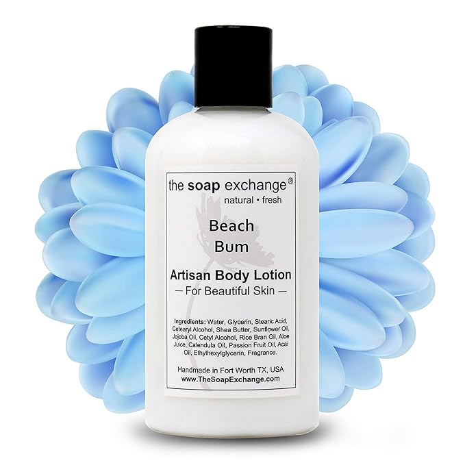 The Soap Exchange Body Lotion - Beach Bum Scent - Hand Crafted 8 fl oz / 240 ml Natural Artisan Skin Care for Hand, Face, & Body, Moisturize, Hydrate, & Protect. Made in the USA.