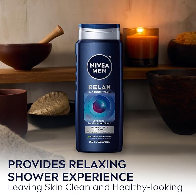 Nivea Men Relax 3-in-1 Body Wash, Lavender and Sandalwood Scented Men's Body Wash Cleanses Face, Body and Hair, 16.9 Fl Oz Bottle, Pack of 6