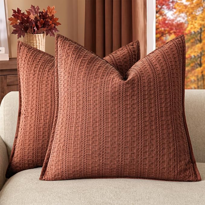 Foindtower Set of 2 Decorative Cotton Waffle Weave Throw Pillow Cover Euro Shams Cushion Covers Accent European Pillowcase For Bed Couch Sofa Bedroom Living Room Home Decor 20×20 Inch Fall Rust Orange