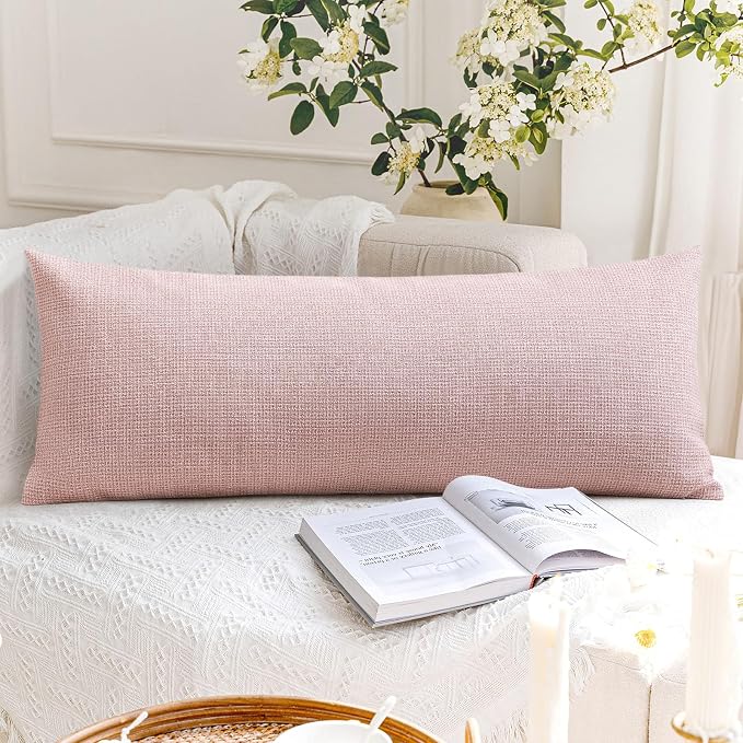 OTOSTAR Linen Throw Pillow Cover Set of 1 Decorative Long Lumbar Pillowcase Rectangle Cushion Cover 14x36 Inch for Home Decor Sofa Bedroom Car 35 x 90CM Pink