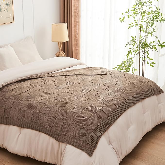 CozeCube Light Brown Knitted Checkered Throw Blanket 50"X60" | Check Knit Throw for Couch, Decorative Christmas Soft Cozy Warm Blanket for Bed Sofa Living Room
