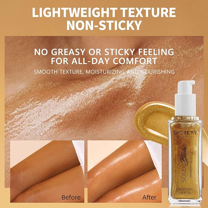 Shimmer Body Oil with Vitamin E, Body Glow Oil for Women, Long Lasting Waterproof & Moisturize for All Skin, Liquid Highlighter Makeup with Brush, Travel Size for Date, Wedding, Party, Champagne Gold