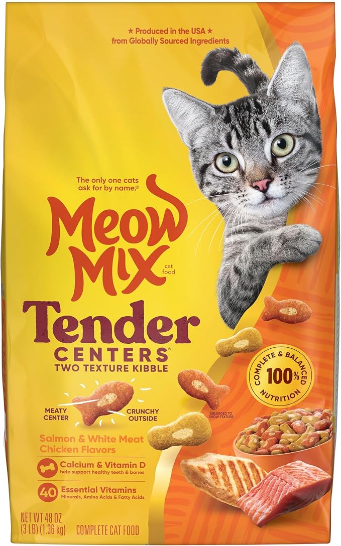 Meow Mix Tender Centers, Salmon & White Meat Chicken Flavors, 4 Bags | 3-lb bags, dry cat food with two texture kibble, meaty center surrounded by a crunchy outer layer