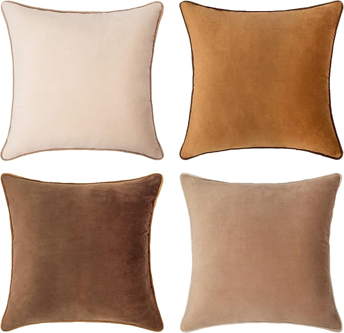 MONDAY MOOSE Decorative Throw Pillow Covers Cushion Cases, Set of 4 Soft Velvet Modern Double-Sided Designs, Mix and Match for Home Decor, Pillow Inserts Not Included (18x18 inch, Brown/Beige)