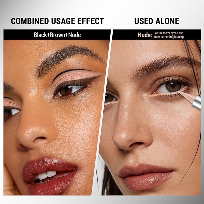 Noerrors 3pcs Black Brown Nude Beige Matte Gel Eyeliner Pencil Set, Waterproof Smudge Proof Smoky Waterline Eye Crayon for Winged Liner Goth Makeup, Cream delineador de ojos&Eyeshadow Stick for Women
