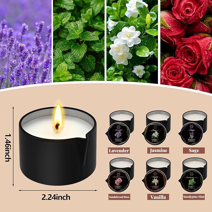 6 Pack Massage Candle Set, Assorted Scented Massage Oil Candle, Low Temperature Soy Wax Massage Oil Candles for Skin Moisturizing, Home Spa, Relaxation, Self-Care