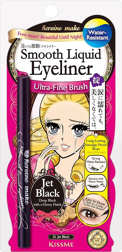 Heroine Make by KISSME Waterproof Eyeliner with Ultra-Fine 0.1mm Tip, Liquid Eyeliner Pen for Sensitive Skin, Cat Eye Liner for Long Lasting Wear, Made in Japan, Jet Black, 1 Count, SMOOTH