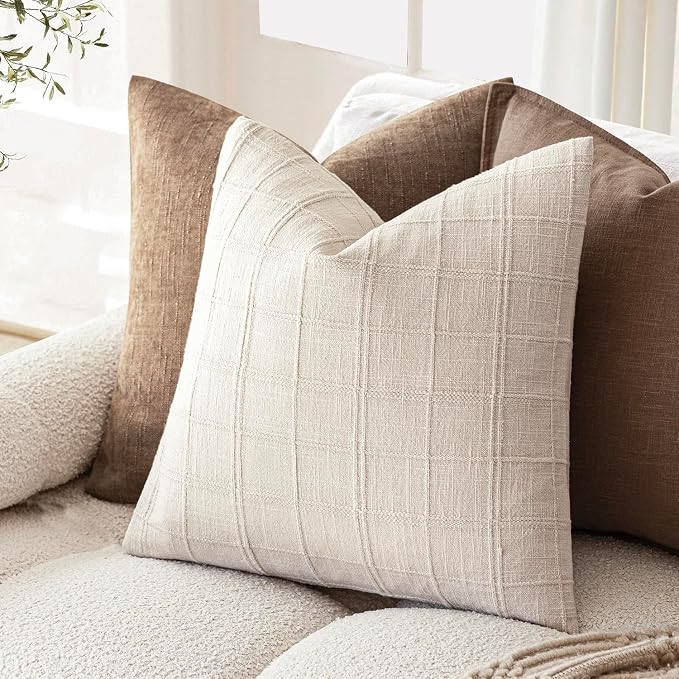 Foindtower Set of 2 Decorative Linen Check Throw Pillow Covers Neutral Farmhouse Vintage Cushion Covers Modern Boho Home Decor for Sofa Chair Couch Bedroom Living Room,24×24 Inch,Natural Beige