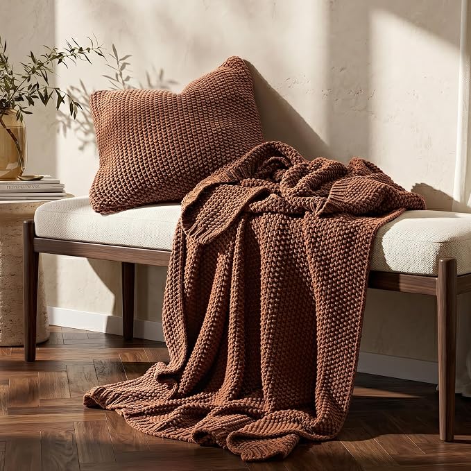 Organic Cotton Chunky Knit Throw Blanket, 50 x 60 Terracotta | OCS Certified Organic Cotton, Seed Stitch Knit, Soft & Breathable, Cozy Midweight, Decorative Throw for Couch, Bed & Sofa