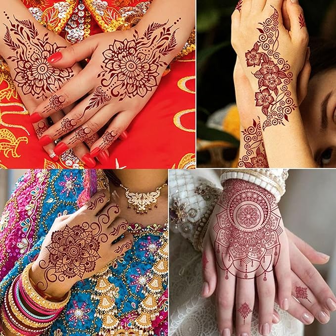 6 Sheets Henna Tattoos Temporary Stickers Reddish Brown Floral Geometric Waterproof Henna Tattoos for Women Indian Diwali Supplies Wedding Party Festivals Decoration