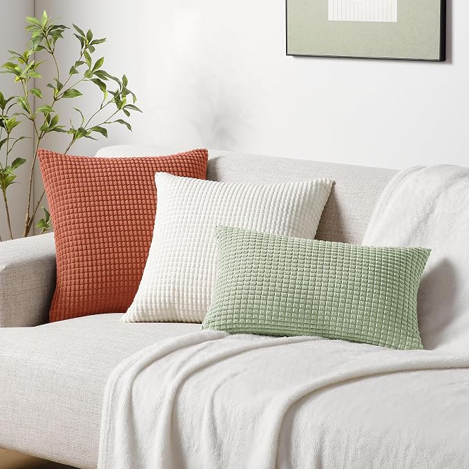 Softalker Corduroy Fall Throw Pillow Covers 22x22, Set of 2, Burnt Orange | Soft Boho Striped Pillow Cases, Couch Fluffy Cushion Covers for Farmhouse Home Decor Bed Living Room