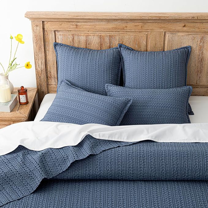 Foindtower Set of 2 Decorative Cotton Waffle Weave Throw Pillow Covers Euro Shams Cushion Covers Accent European Pillowcase for Bed Couch Sofa Bedroom Living Room Home Decor 24×24 Inch Blue
