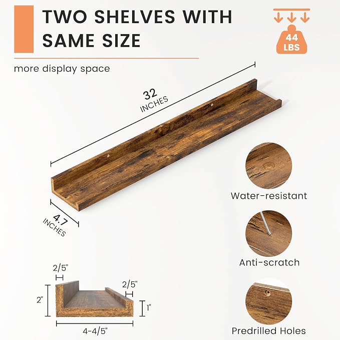 Picture Ledge Shelf, Floating Shelves for Wall, 32" W Set of 2, Brown | FSC Certified Engineered Wood, Wall Mounted Bookshelf, for Nursery Living Room Bedroom, Pre-Drilled, Easy Install