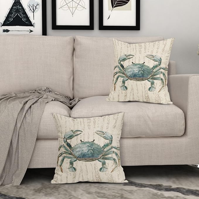 Summer Sea Crab Nautical Pillow Covers 22x22 Inch Set of 2 Coastal Ocean Coral Beach Blue Throw Pillow Cases Outdoor Linen Square Cushion Cover Farmhouse Decor for Bedroom Home Sofa Couch Bed