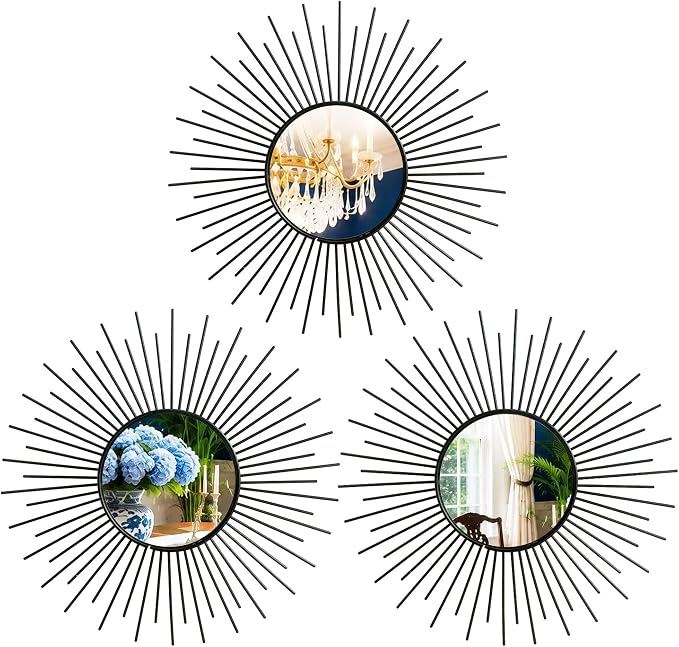 3 Pack Metal Mirrors for Wall Sunburst Wall Mirrors Home Décor Decorative Hanging Wall Art for Living Room Bedroom Entryway (Black2, Sunburst)