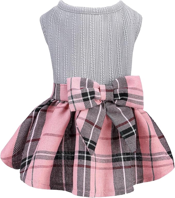 PUPTECK Cute Soft Plaid Dog Dress with Bow Puppy Skirt Clothes, Grey Pink L | Breathable Lightweight Adorable Puppy Doggie Pet Clothes Outfits Apparel Costume for Small Medium Large Dogs Girl