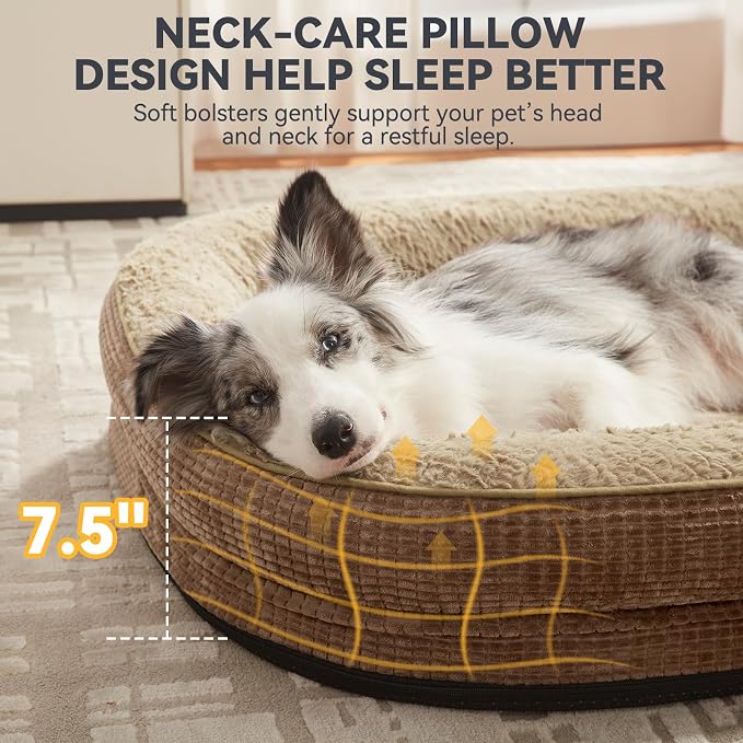 JOEJOY Orthopedic Dog Bed for Extra Large Dogs, XXL Egg-Crate Memory Foam Pet Bed with Bolster Sides, Waterproof Lining, Removable Washable Cover & Non-Slip Bottom, Brown