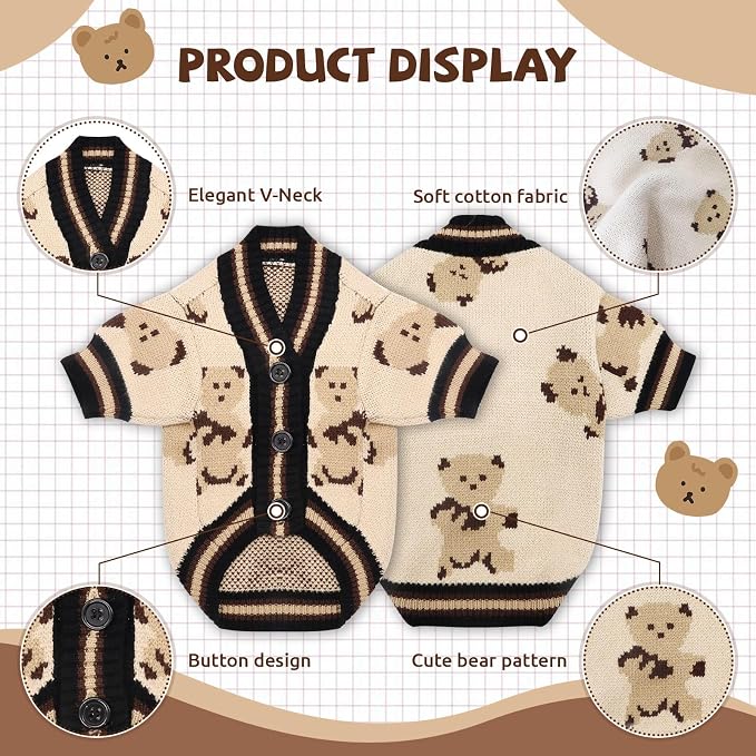 Small Dog Sweaters Cute Bear Knitted Dog Cardigans Clothes for Small Medium Dogs Soft Pet Puppy Cat Knitting Outfits Fall Winter Warm Boy Girl Dogs Knitwear Coat Apparel(Beige, Large)
