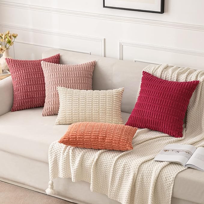 MIULEE Corduroy Decorative Throw Pillow Covers 18x18 Crimson Pack of 2 | Soft Boho Striped Pillow Covers Modern Farmhouse Home Decor For Sofa Living Room Couch Bed