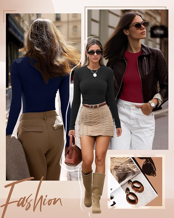 Ficerd 3 Pack Women's Ribbed Long Sleeve Tops, Crew Neck Slim Fit Undershirts Knit Basic Casual Stretch Layering Tee Shirts