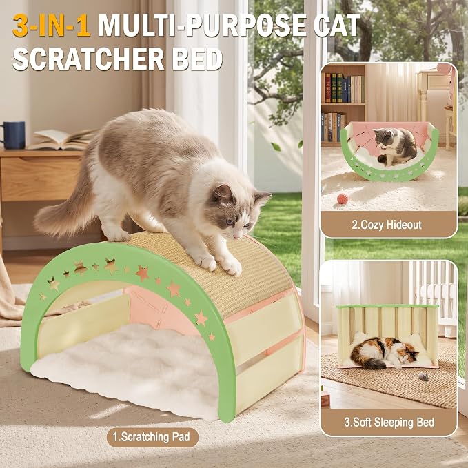 Cat Scratcher Bed, 3 in 1 Design-Bed, Scratcher, Hideaway Cave | with Elevated Sisal Pad & Reversible Fleece Mat,Sturdy HDPE Lounge for Indoor Cats, Tool-Free 30s Assembly, Supports 30 lbs