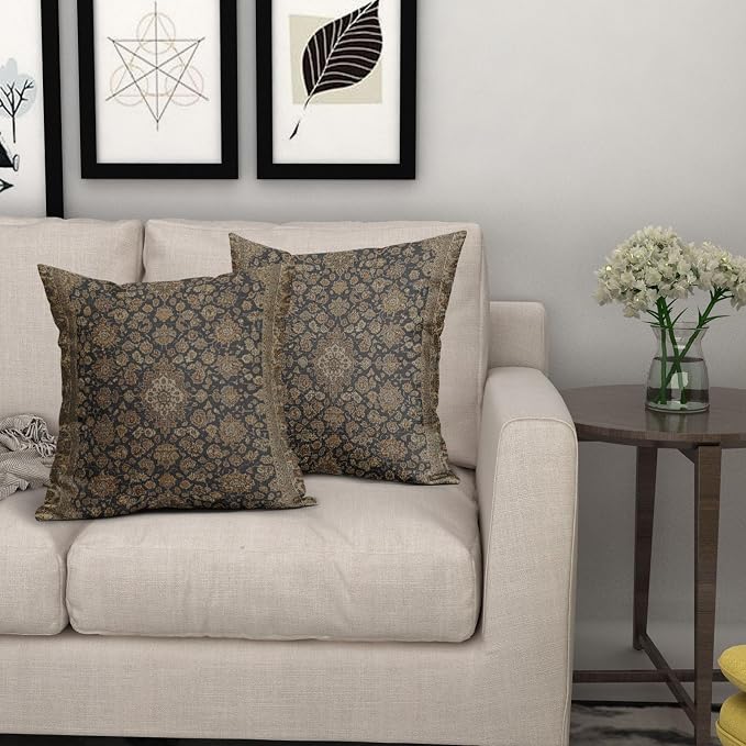 Vintage Boho Carpet Brown Black Pillow Covers 16x16 Inch Set of 2 Antique Bohemian Floral Print Linen Throw Pillow Cases Outdoor Linen Cushion Cover Farmhouse Decor for Bedroom Home Sofa Couch Bed