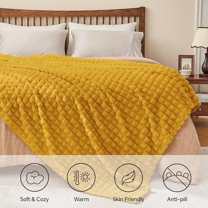 BEDELITE Mustard Yellow Checked Fleece Throw Blanket for Couch, 50x70 Inch | Soft Warm Fuzzy Fluffy Blanket for Bed Sofa, Lightweight Plush Cozy Blankets for Home Room Decor, Gift for Women, All Season
