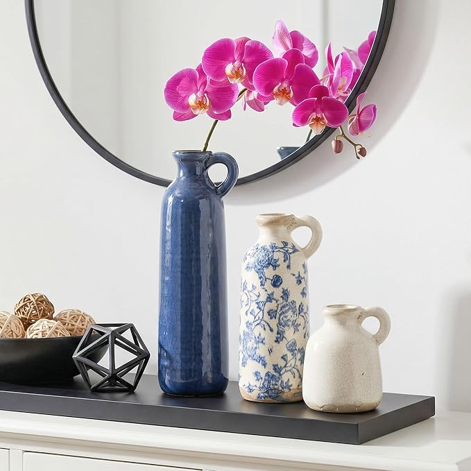 Ceramic Vase Set, 3Pcs Flower Vases for Modern Boho Farmhouse Decor, Decorative Vases for Pampas Grass & Dried Flowers, Distressed Finish