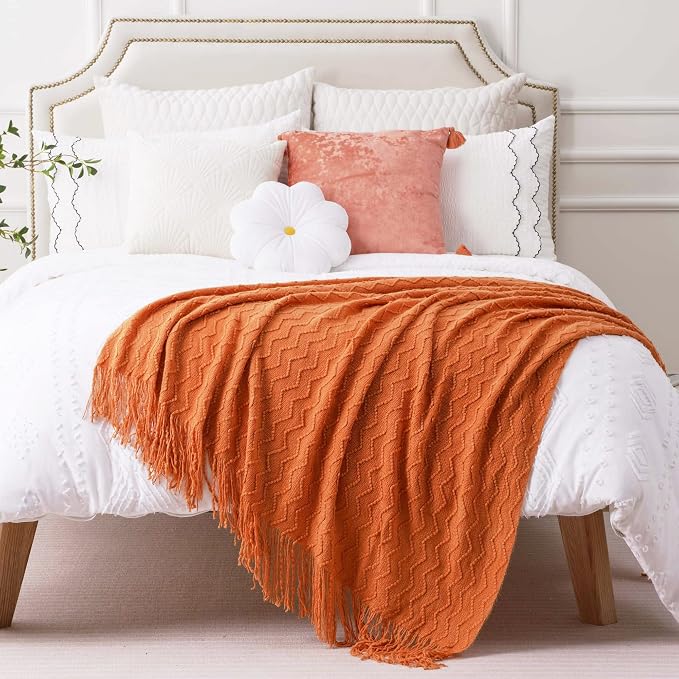 BATTILO HOME Burnt Orange Throw Blanket for Couch, Decorative Fall Throw Blanket with Tassels Halloween Throw Fall Decor, 50"x60"