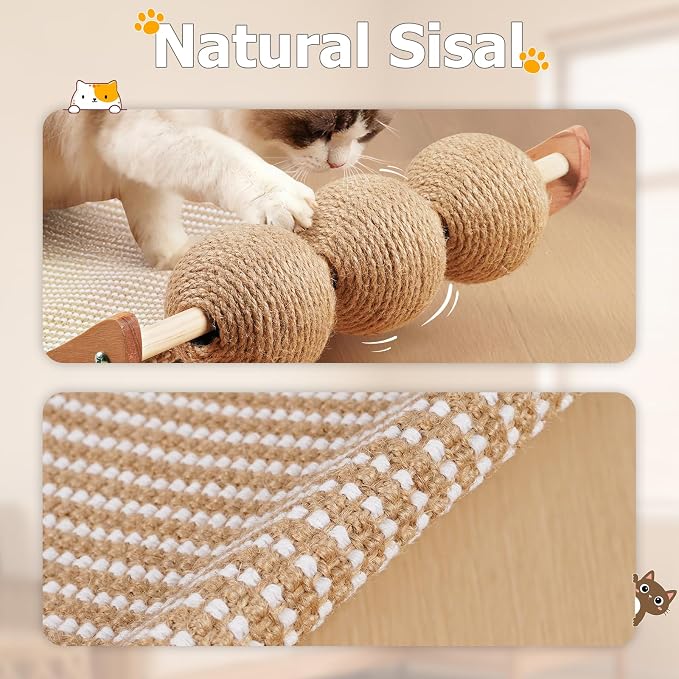 3 in 1 Sisal Cat Scratcher Bed, Solid Pine Cat Scratcher with Balls (Wood) | Extra Large Cat Scratching Post with Hammock, Cat Scratcher for Scratch & Play & Rest, Cat Furniture for Indoor Cats, Kitten