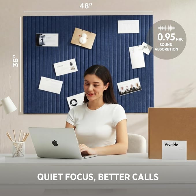 Felt Bulletin Board Tiles 48"x36" - 12-Pack Cork Board Alternative, OEKO-TEX Certified, NRC 0.95 Acoustic Felt Wall Panels, Damage-Free Adhesive, Slatted Design Home Office, Classroom (Indigo)