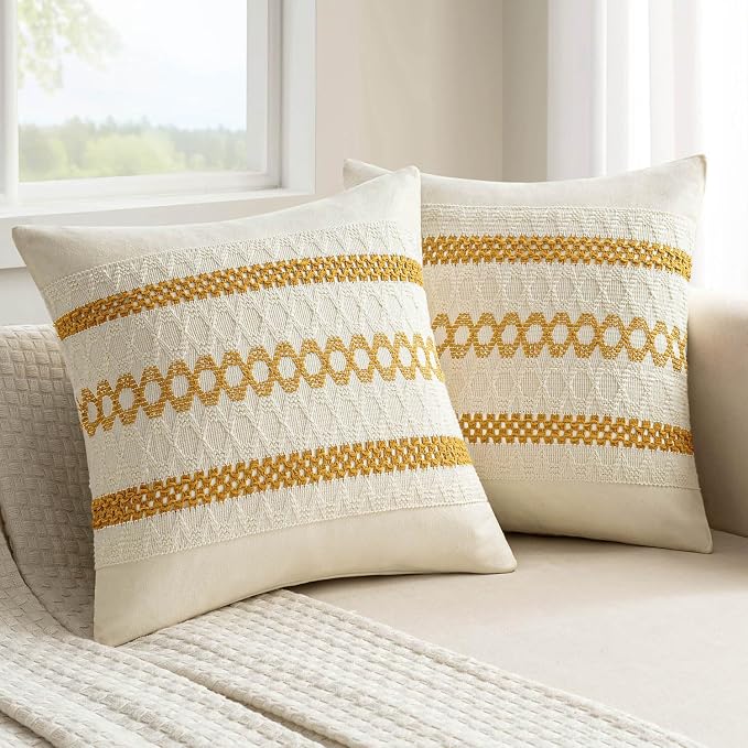 MIULEE Set of 2 Mustard Yellow Boho Decorative Pillow Covers 16x16 Inch | Fall, Boho Farmhouse Modern Couch Throw Pillows, Cotton Cushion Covers, Macrame Woven Home Decor for Bed Sofa Chair