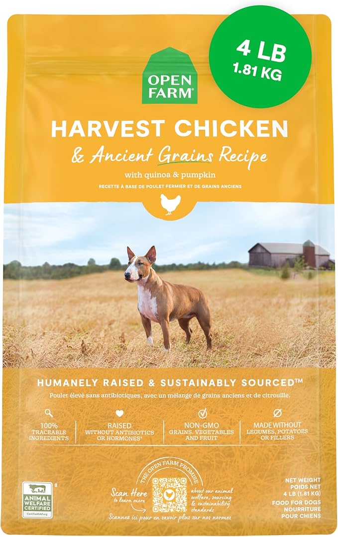 Open Farm Ancient Grains Dry Dog Food, Harvest Chicken Kibble, 4lb Bag | All Life Stages, All Breed Sizes, Protein-Rich & Nutrient Dense, 100% Traceable Ingredients, Non-GMO Fruits & Veggies.