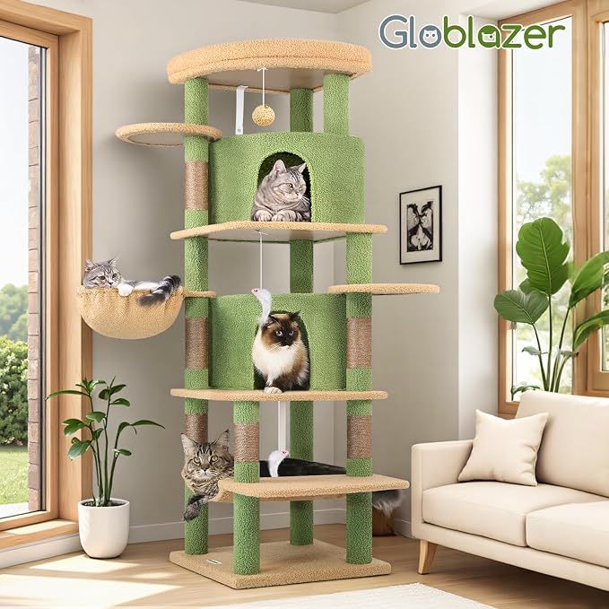 Globlazer 66in Cactus Corner Cat Tree for Indoor Large Cats, C66, Green | Space-Saving Stable Green Cat Tower with 6 Scratching Posts, 2 Large Fan-shaped Condos & Top Perch, Hammock, Climbing Steps