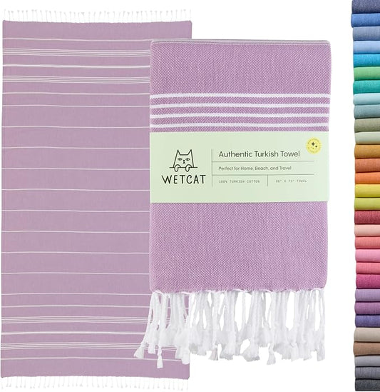 WETCAT Turkish Beach Towel Oversized (38"x71") 100% Turkish Cotton, Made in Turkey - Sand Free, Extra Large, Ultra Soft, Quick Drying, Compact & Lightweight for Travel - Lilac