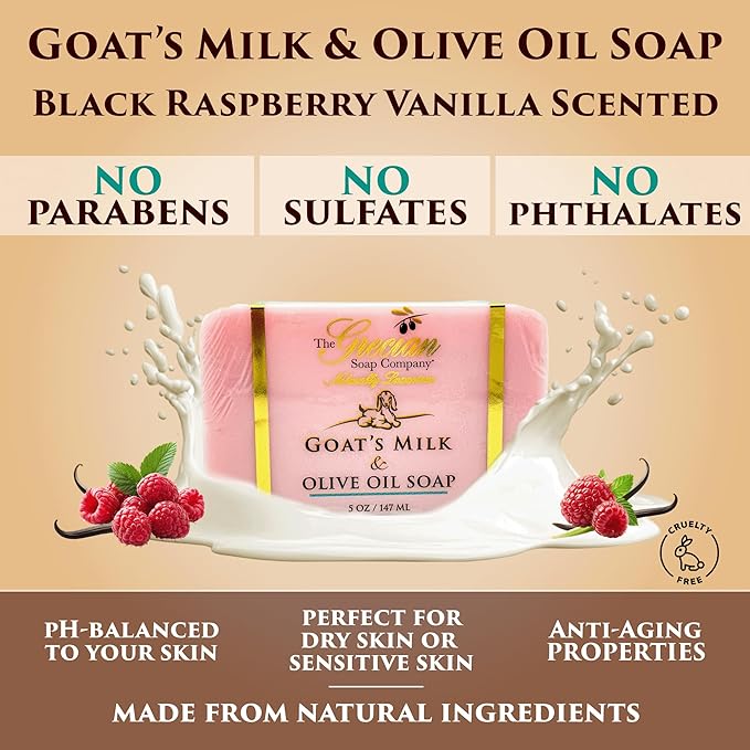 The Grecian Soap Company Goat Milk & Olive Oil Soap Bar 3-Pack – Black Raspberry Vanilla Scent, Natural Bar Soap for Dry & Sensitive Skin, Moisturizing & Nourishing Body Soap Bars, Made in USA