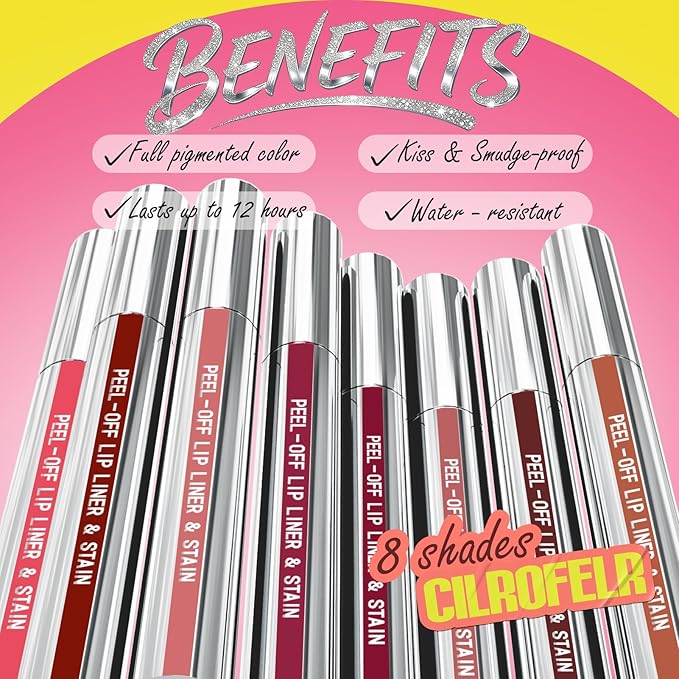Cilrofelr 2 Colors Lip Liner Stain Peel Off Set with Tweezers - Long Wearing, Transfer Proof, Matte Finish, Quick Plump Lip Effect, Peel Off Lip Stain for All Skin Tones (Rose + Mauve)